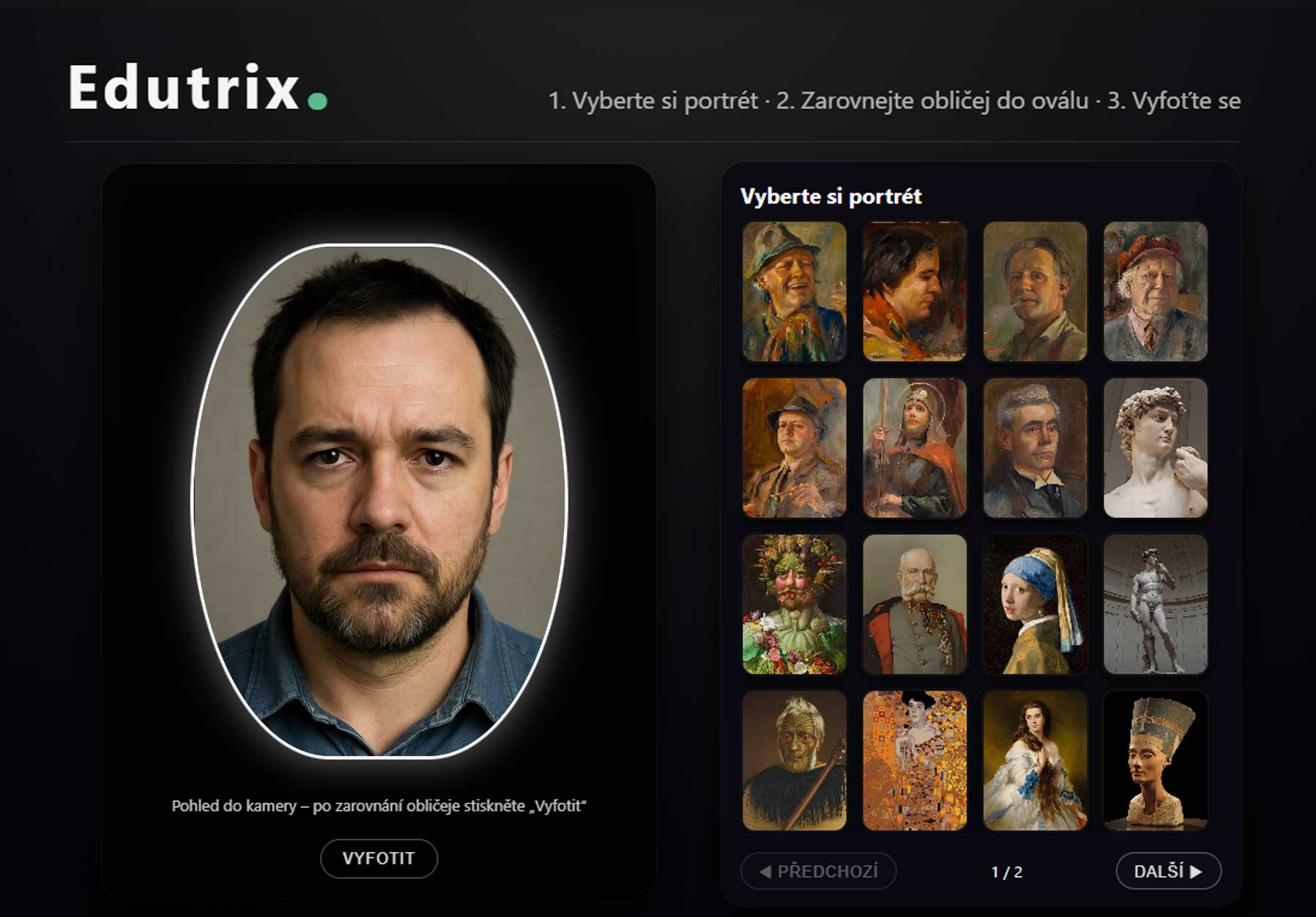 Edutrix – živý náhled kamery a výběr portrétů